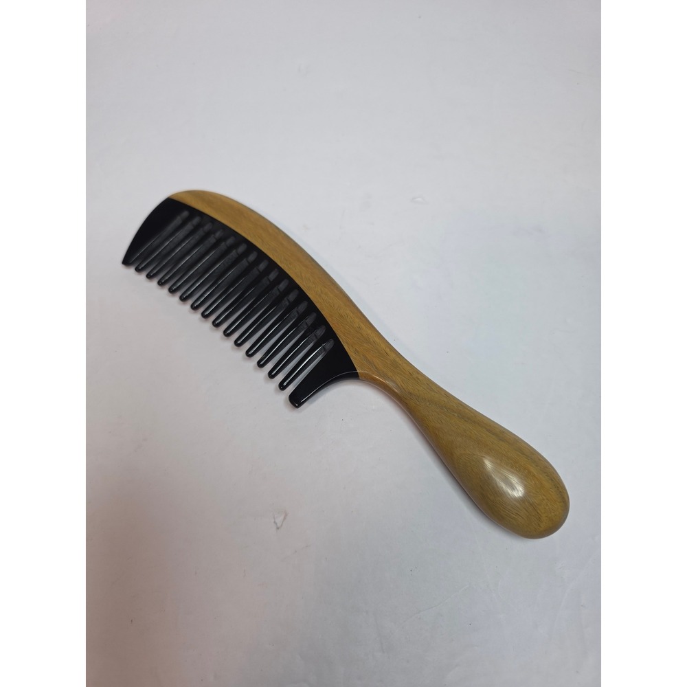 Handmade Sandalwood and Black Ox Horn Wide Tooth Hair Comb Detangler 8 Inch